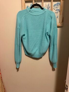 SHEIN Aqua Blue Ribbed-Yoke Crewneck Sweater